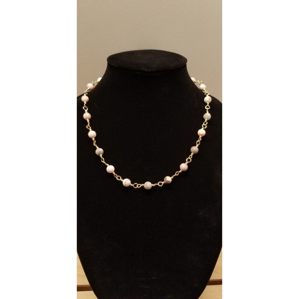 Handmade Agate Bead Chain Necklace – Gold Tone Wire Wrapped Natural Stone